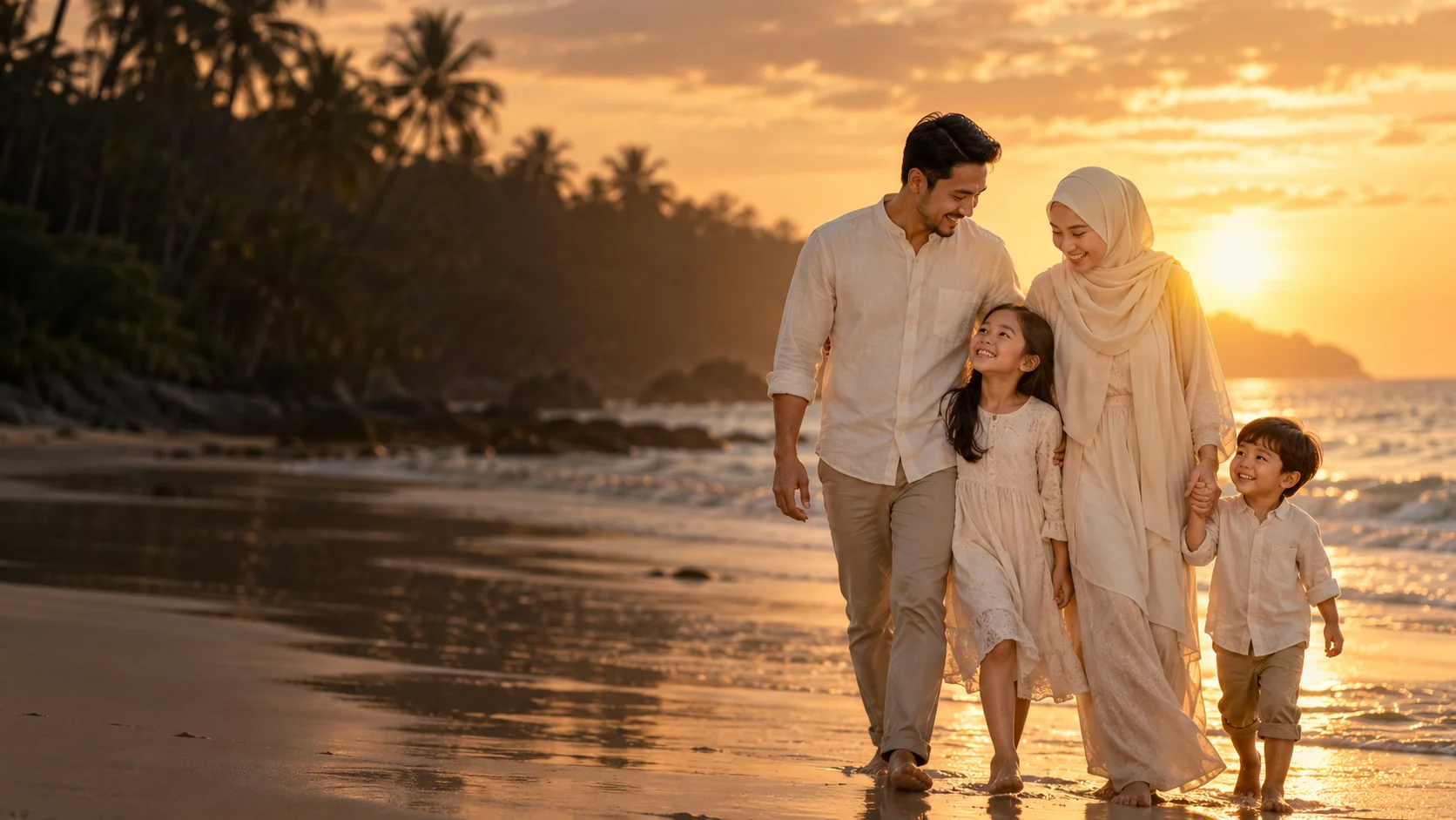 Ilustrasi keluarga berjalan bersama di tepi pantai ketika matahari terbenam