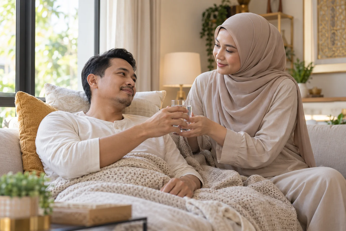 Ilustrasi isteri menemani suami semasa pemulihan di rumah